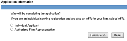 Webpage reference displaying Application Information. The question asks who will be completing the application and the options are either Individual Applicant or Authorized Firm Representative.